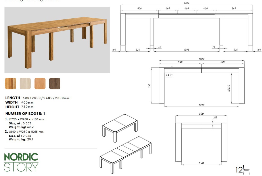 NordicStory Mesa extensible de comedor de madera maciza de roble &quot;XL&quot; 160-280 x 90 x 75 cm.