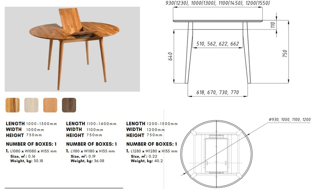 NordicStory Mesa de comedor redonda y extensible de madera maciza de roble &quot;Escandi 3&quot;