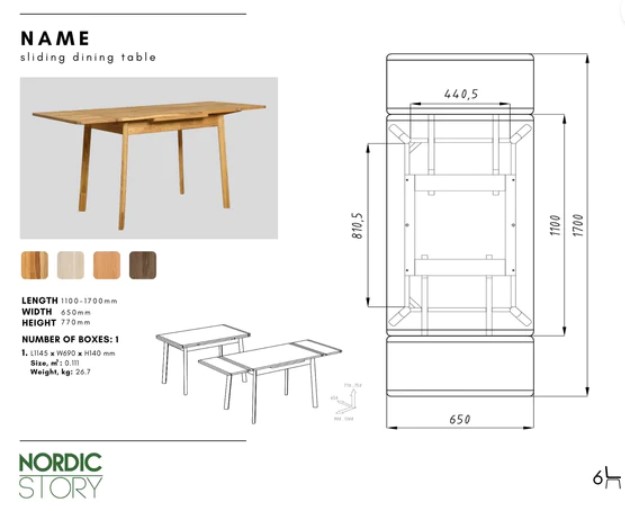 NordicStory Mesa extensible de comedor de madera maciza de roble &quot;Mini 1&quot; 110-170 x 65 x 77 (75) cm.