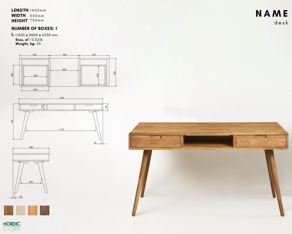 NordicStory Mesa escritorio de madera maciza de roble &quot;Escandi 5&quot; 140 x 55 x 75 cm.