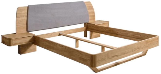 NordicStory Cama de madera maciza de roble &quot;Alina&quot; con cabezal y 2 mesitas de noche flotante