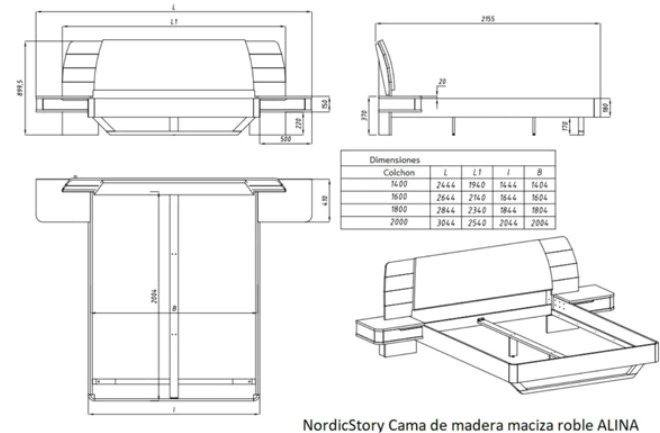 NordicStory Cama de madera maciza de roble &quot;Alina&quot; con cabezal y 2 mesitas de noche flotante