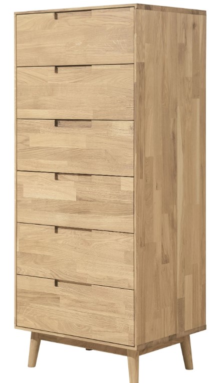 NordicStory Cómoda alta de madera maciza de roble &quot;Escandi 6&quot; 60 x 45 x 139 cm.