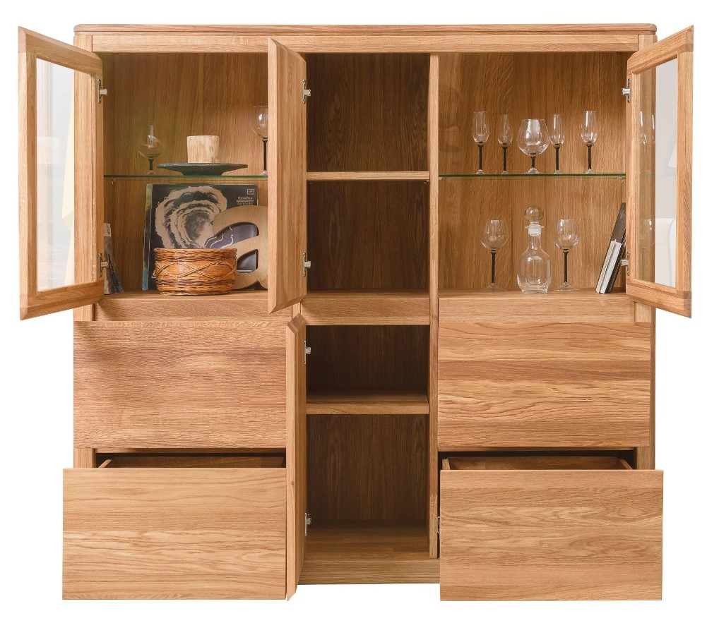 NordicStory Vitrina Armario con cristal de madera maciza de roble &quot;Elsa 3 LUX&quot;  150,2 x 44 x 145 cm.