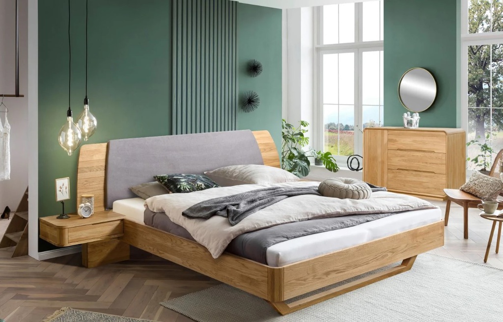 NordicStory Cama de madera maciza de roble &quot;Alina&quot; con cabezal y 2 mesitas de noche flotante