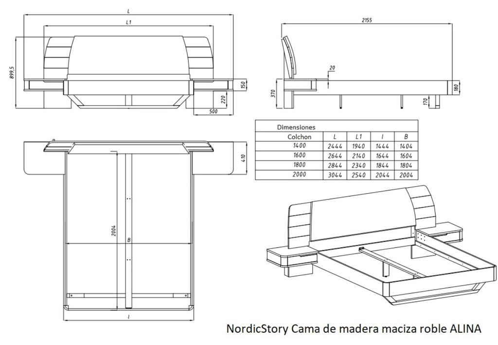 NordicStory Cama de madera maciza de roble &quot;Alina&quot; con cabezal y 2 mesitas de noche flotante