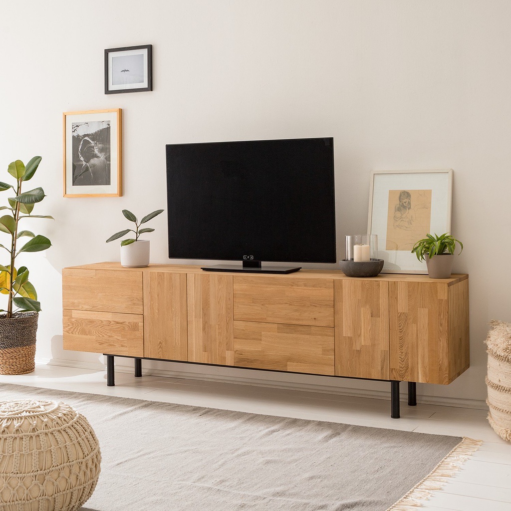 NordicStory Mueble de TV de madera maciza de roble &quot;Wardi&quot; 220 x 40 x 65 cm.